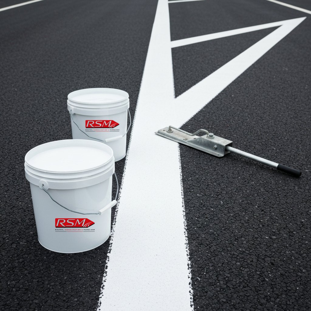 Peinture de marquage routier appliquée sur chaussée