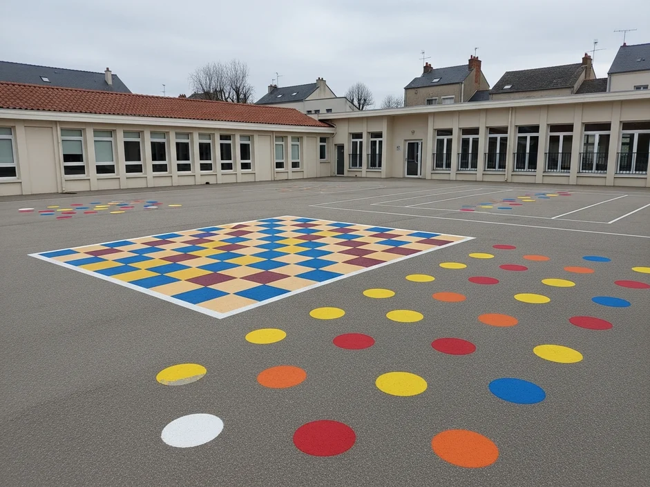 Damier coloré peint dans une cour de récréation