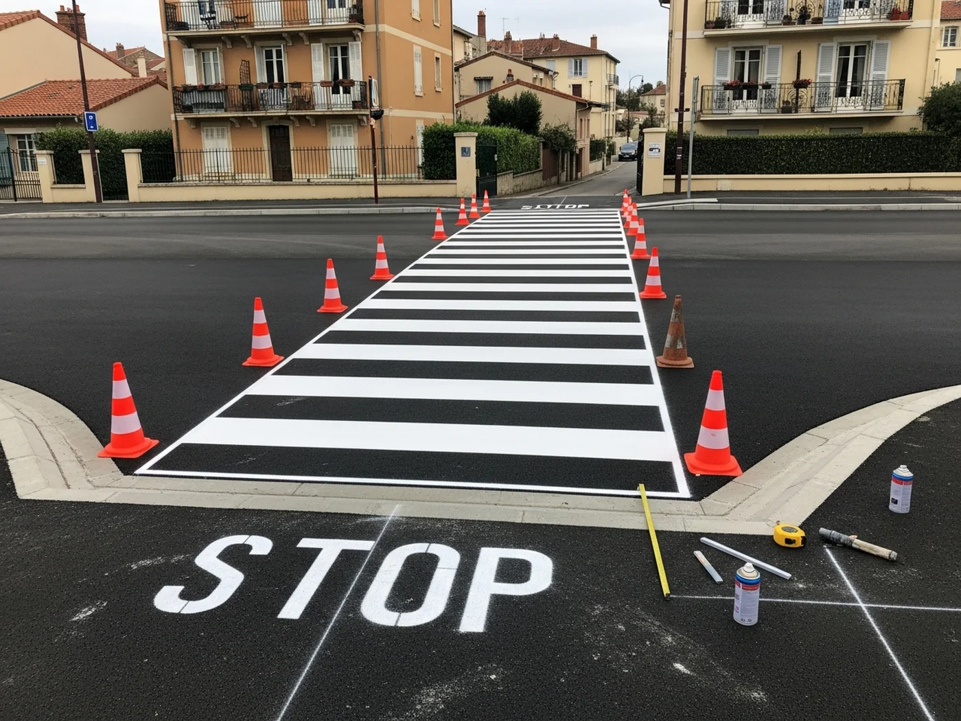 Réalisation d'un passage piétons sur chaussée neuve