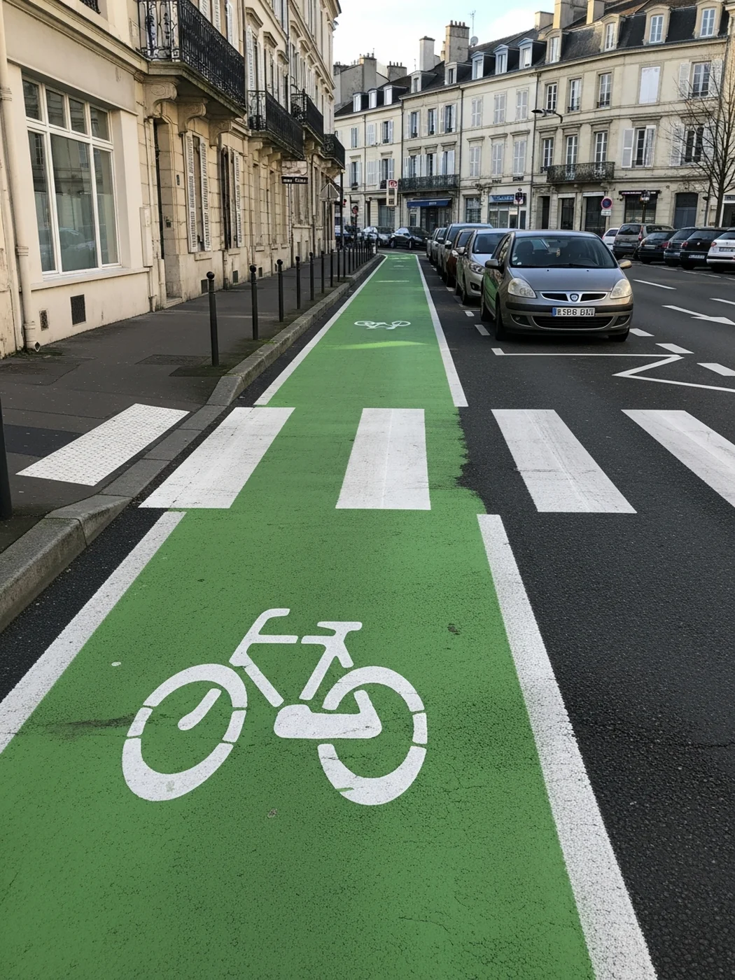 Bande cyclable en résine verte avec pictogramme vélo